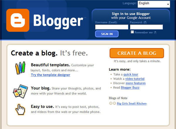 Blogger Home Page Screenshot