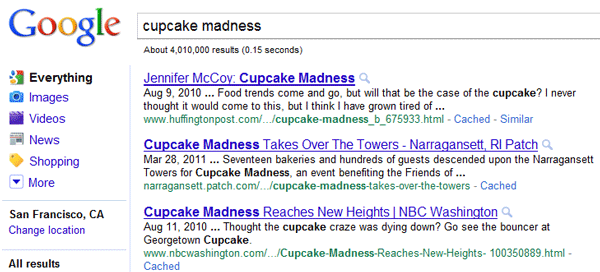 Cupcake Madness SERPs Logged Out