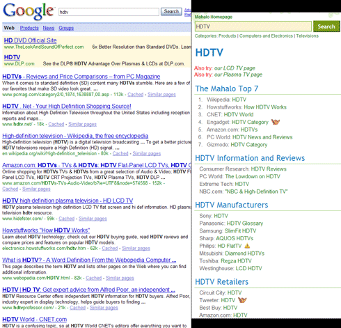 HDTV Searches at Google & Mahalo