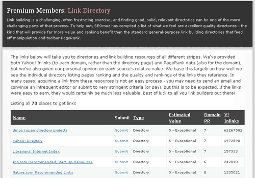 Screenshot of SEOmoz's Link Directory