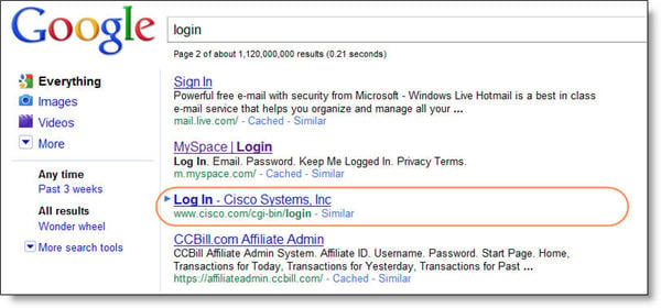 Cisco Login Page SERP
