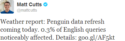 Tweet from Matt Cutts - "0.3% of English queries noticeably affected"
