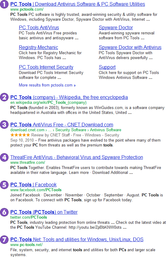 7-result SERP ("PC Tools")