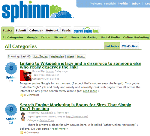 Sphinn Homepage Screenshot